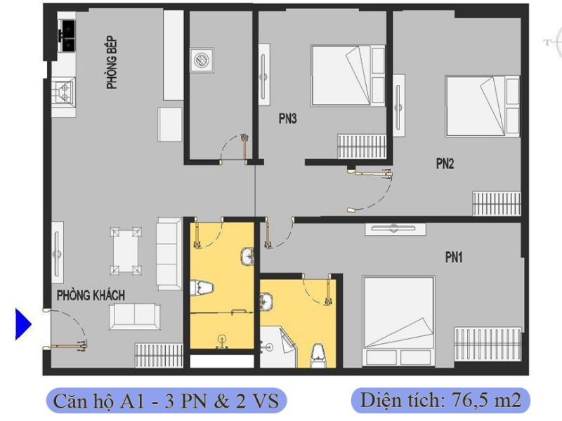 Mặt bằng căn hộ 3 phòng ngủ 2nvs 76,5m2