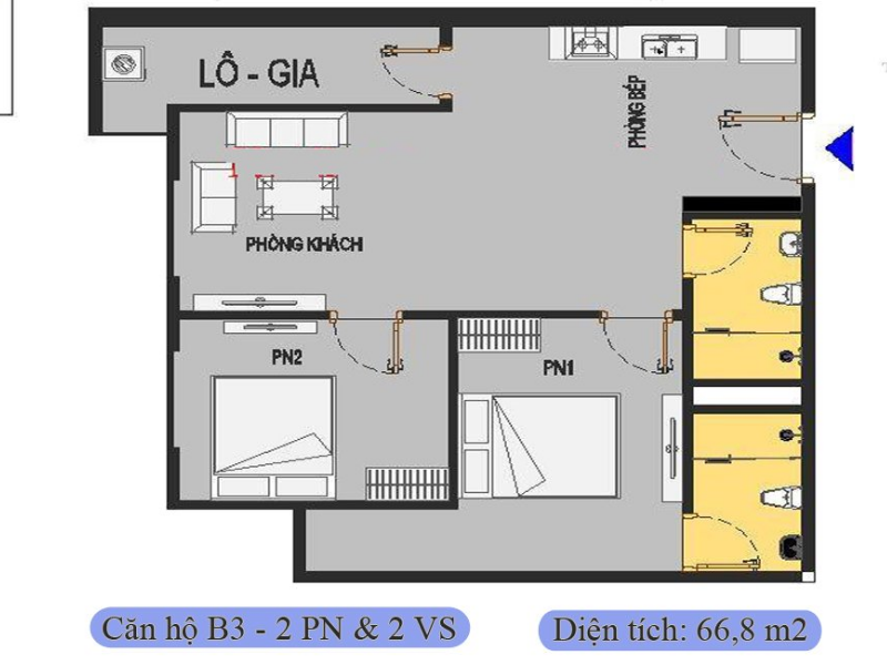 Mặt bằng thiết kế căn hộ 2 phòng ngủ 2 nvs 66,8m2